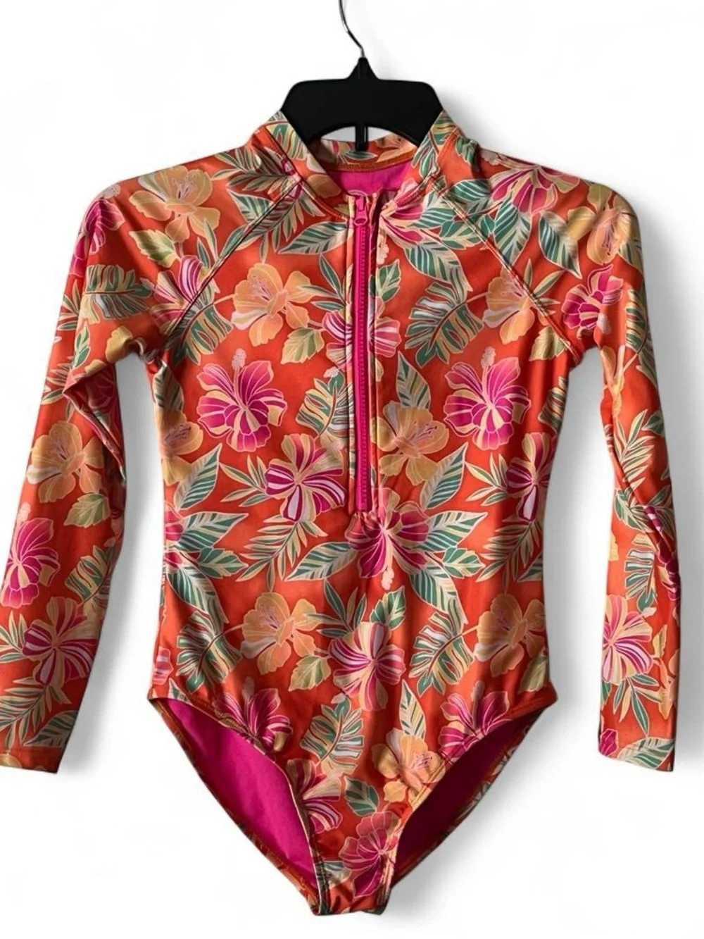 wonder nation Orange Floral Zip-Front Long-Sleeve One-Piece Swim